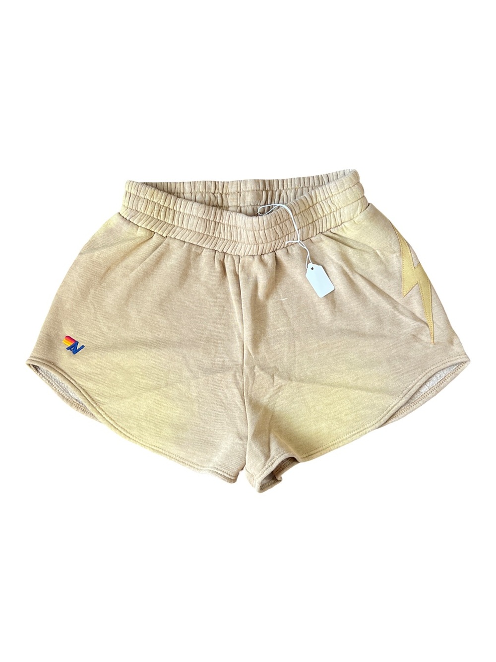 Aviator Nation Tan High-Rise Athletic Shorts with Lightning Detail